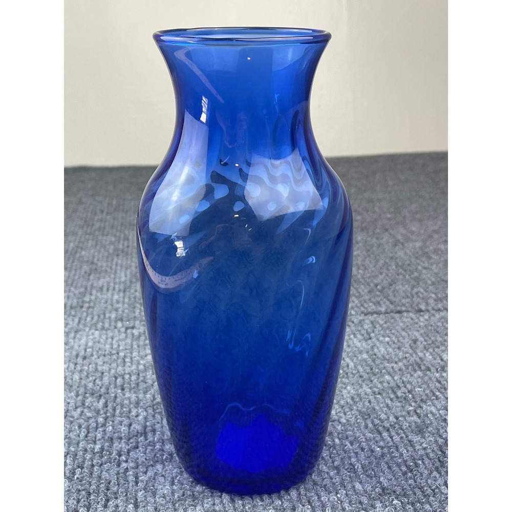 Indiana Glass Co Cobalt Blue Vase 7 3/8 Inch Optical Swirl Made in USA 1512
